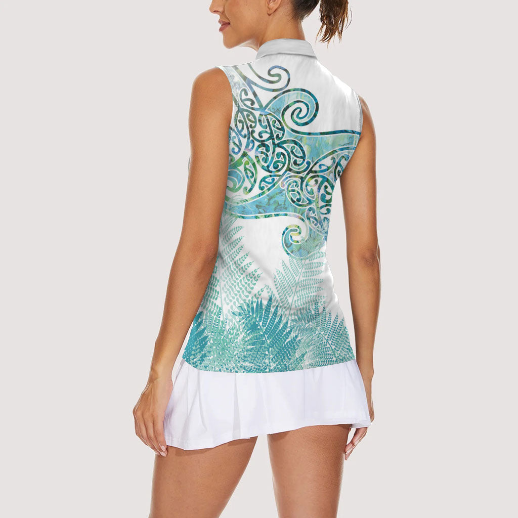 Aotearoa Maori Koru Curves Women Sleeveless Polo Shirt Mossy Paua Shell LT7 - Polynesian Pride