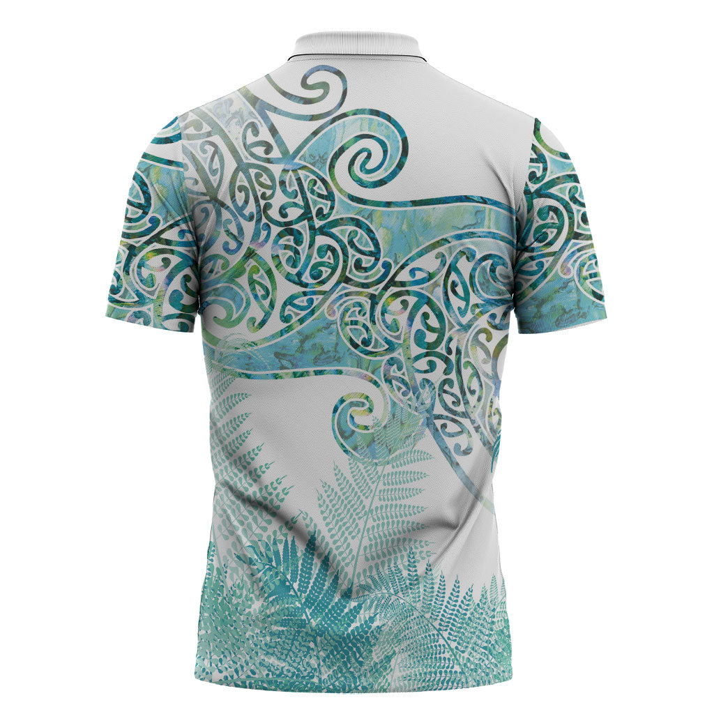 Aotearoa Maori Koru Curves Zipper Polo Shirt Mossy Paua Shell LT7 - Polynesian Pride