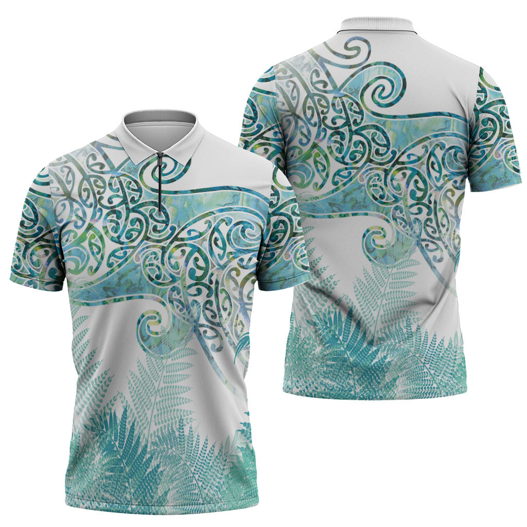 Aotearoa Maori Koru Curves Zipper Polo Shirt Mossy Paua Shell LT7 - Polynesian Pride