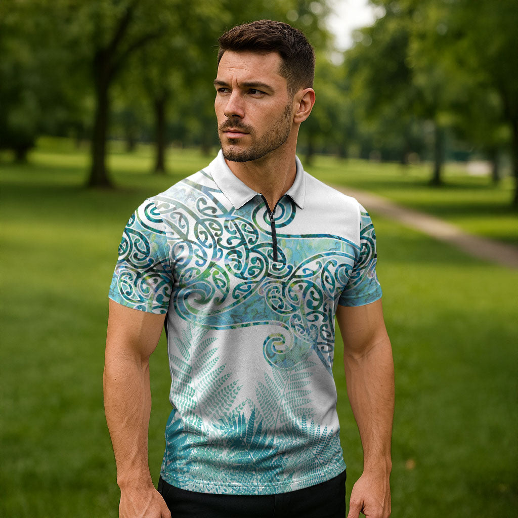 Aotearoa Maori Koru Curves Zipper Polo Shirt Mossy Paua Shell LT7 - Polynesian Pride