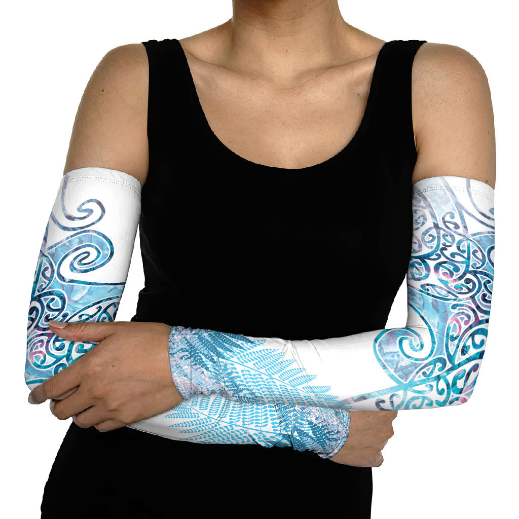Aotearoa Maori Koru Curves Arm Sleeves Aqua Paua Shell LT7 - Polynesian Pride