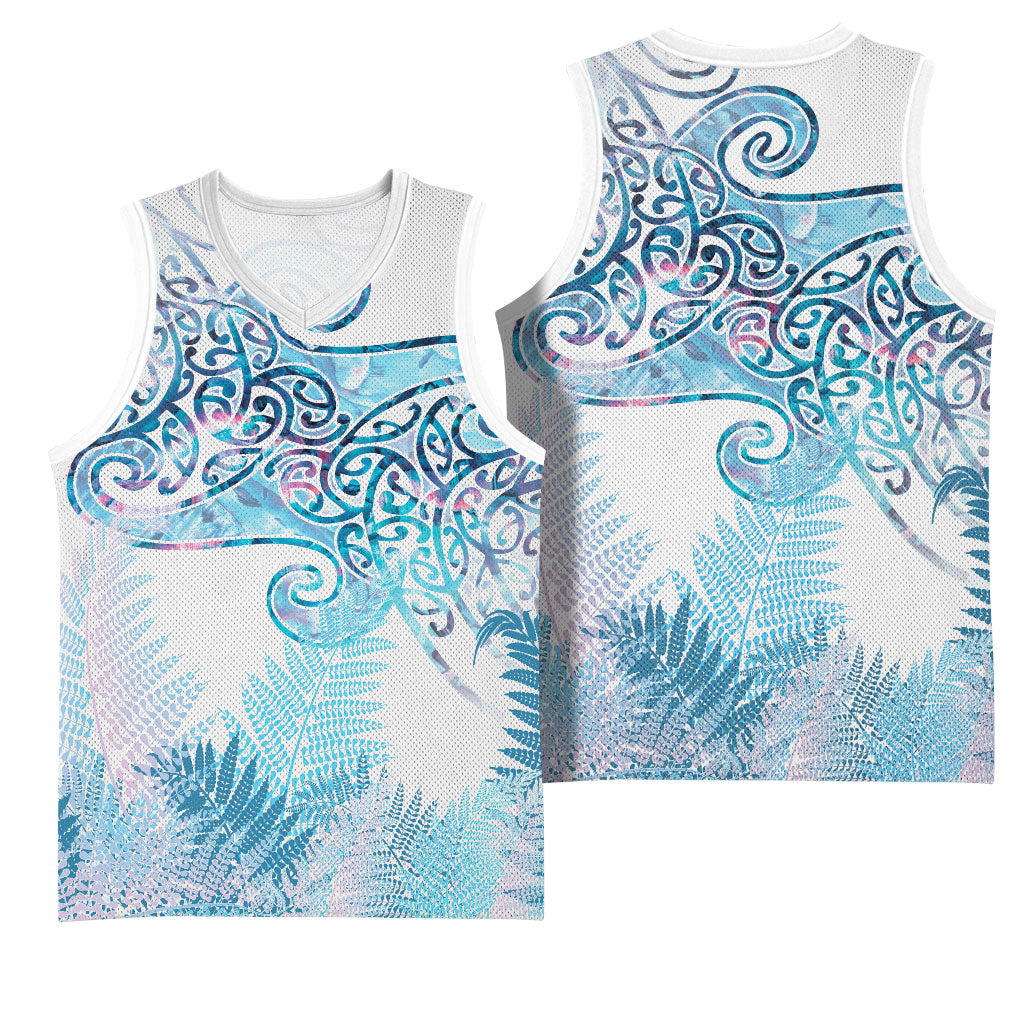 Aotearoa Maori Koru Curves Basketball Jersey Aqua Paua Shell