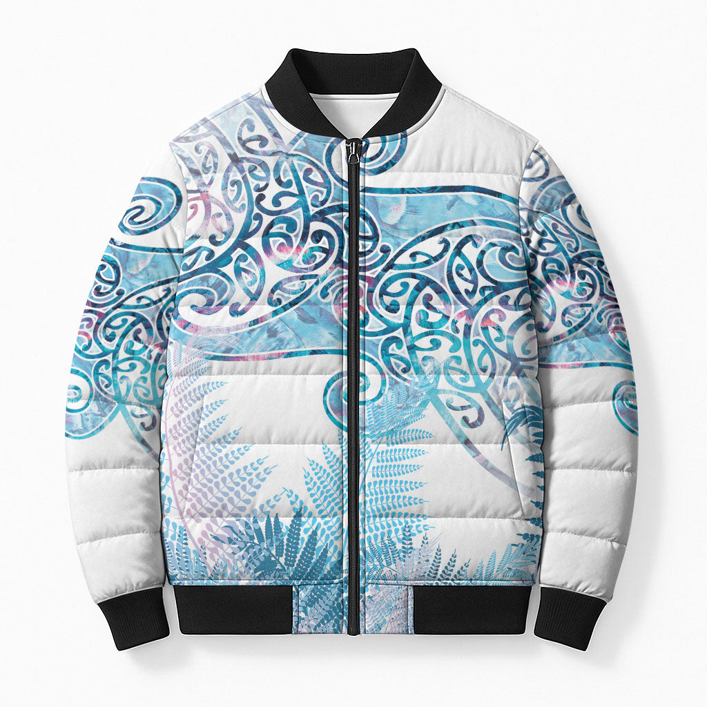 Aotearoa Maori Koru Curves Bomber Puffer Jacket Aqua Paua Shell LT7 Unisex Blue - Polynesian Pride