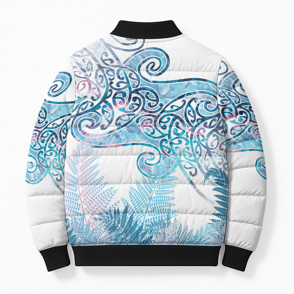Aotearoa Maori Koru Curves Bomber Puffer Jacket Aqua Paua Shell LT7 - Polynesian Pride