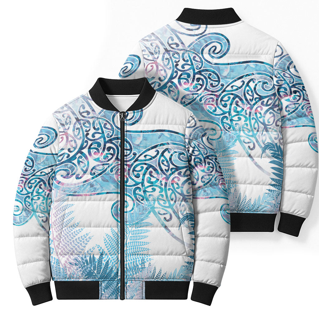 Aotearoa Maori Koru Curves Bomber Puffer Jacket Aqua Paua Shell LT7 - Polynesian Pride