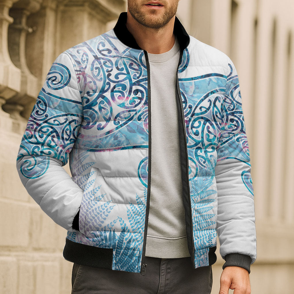 Aotearoa Maori Koru Curves Bomber Puffer Jacket Aqua Paua Shell LT7 - Polynesian Pride