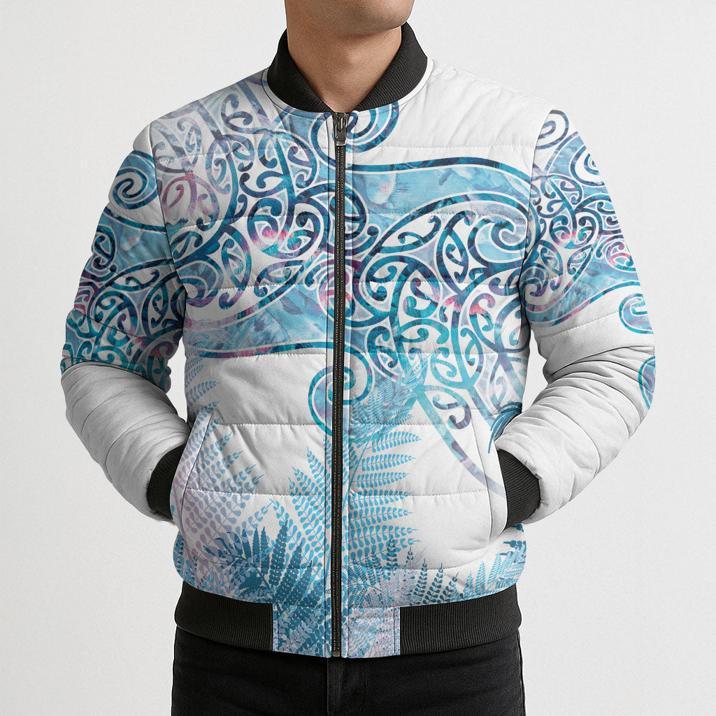 Aotearoa Maori Koru Curves Bomber Puffer Jacket Aqua Paua Shell LT7 - Polynesian Pride