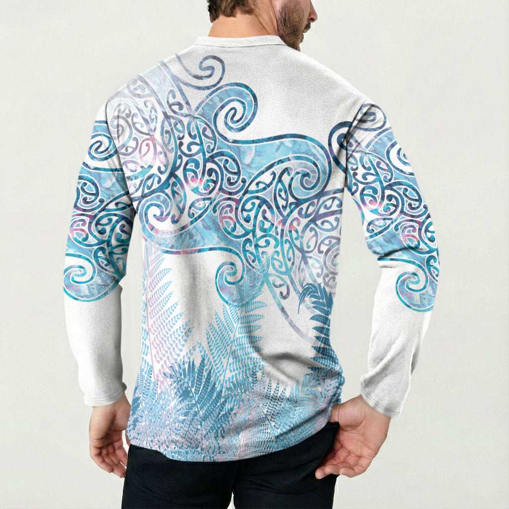 Aotearoa Maori Koru Curves Button Sweatshirt Aqua Paua Shell LT7 - Polynesian Pride