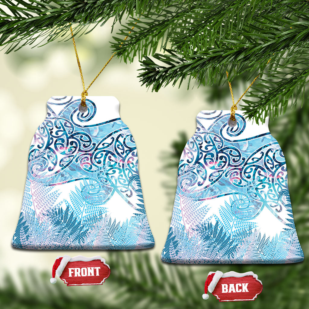 Aotearoa Maori Koru Curves Ceramic Ornament Aqua Paua Shell LT7 Bell Flake Blue - Polynesian Pride