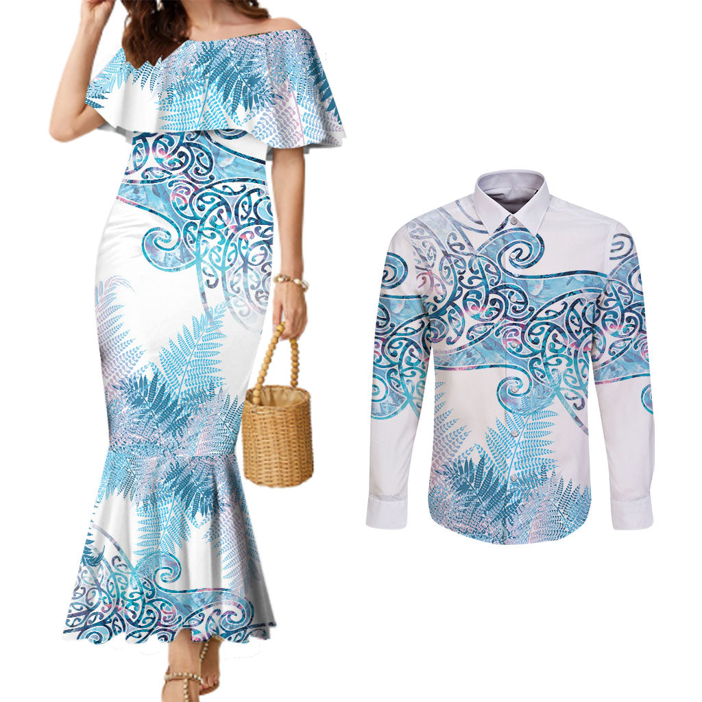 Aotearoa Maori Koru Curves Couples Matching Mermaid Dress and Long Sleeve Button Shirt Aqua Paua Shell LT7 Blue - Polynesian Pride