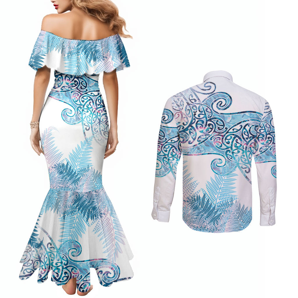 Aotearoa Maori Koru Curves Couples Matching Mermaid Dress and Long Sleeve Button Shirt Aqua Paua Shell LT7 - Polynesian Pride