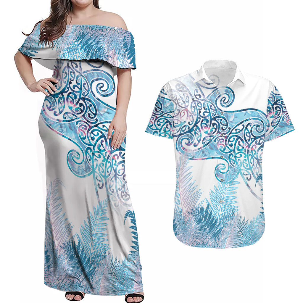 Aotearoa Maori Koru Curves Couples Matching Off Shoulder Maxi Dress and Hawaiian Shirt Aqua Paua Shell LT7 Blue - Polynesian Pride