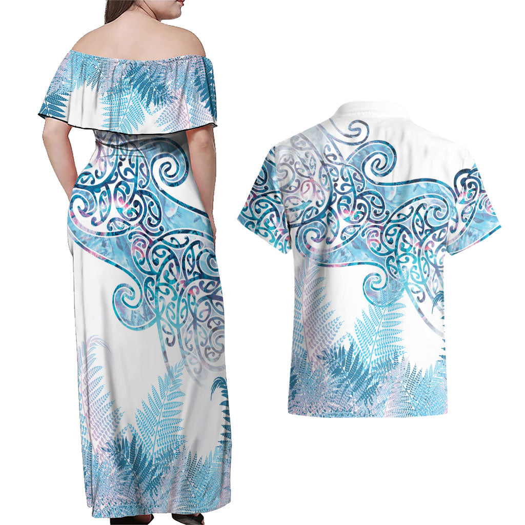 Aotearoa Maori Koru Curves Couples Matching Off Shoulder Maxi Dress and Hawaiian Shirt Aqua Paua Shell LT7 - Polynesian Pride