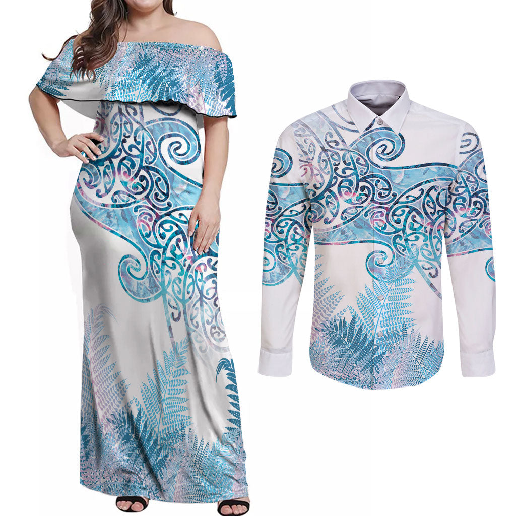 Aotearoa Maori Koru Curves Couples Matching Off Shoulder Maxi Dress and Long Sleeve Button Shirt Aqua Paua Shell LT7 Blue - Polynesian Pride