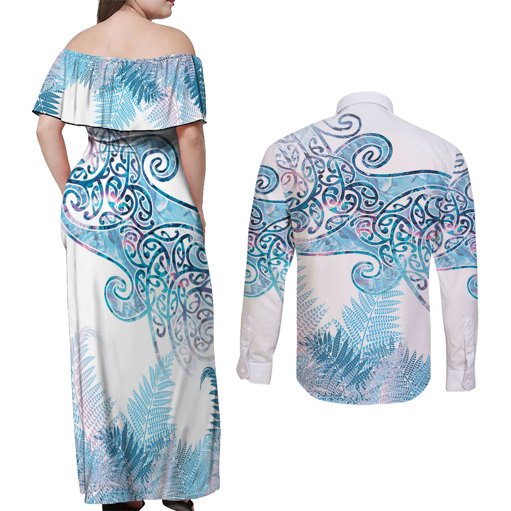 Aotearoa Maori Koru Curves Couples Matching Off Shoulder Maxi Dress and Long Sleeve Button Shirt Aqua Paua Shell LT7 - Polynesian Pride
