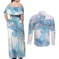 Aotearoa Maori Koru Curves Couples Matching Off Shoulder Maxi Dress and Long Sleeve Button Shirt Aqua Paua Shell LT7 - Polynesian Pride