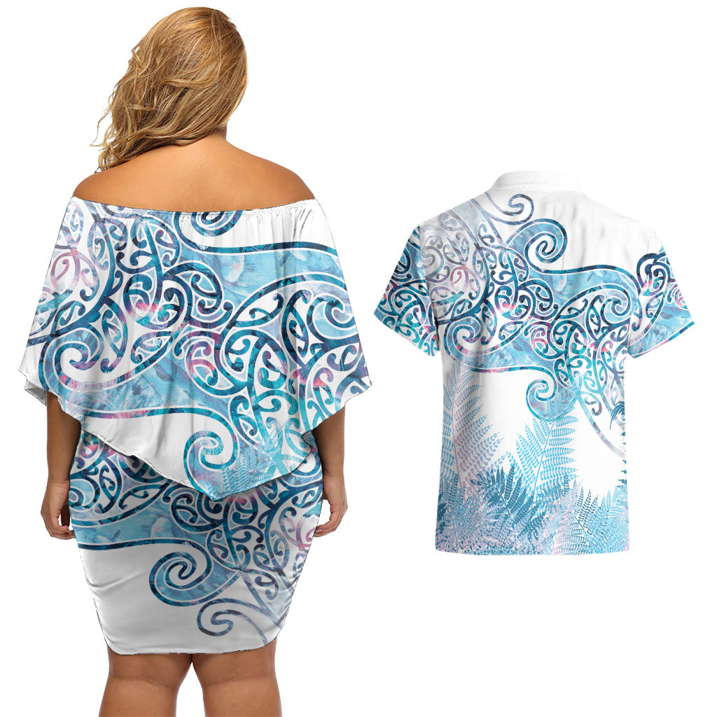 Aotearoa Maori Koru Curves Couples Matching Off Shoulder Short Dress and Hawaiian Shirt Aqua Paua Shell
