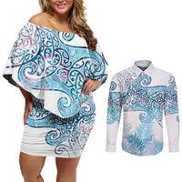 Aotearoa Maori Koru Curves Couples Matching Off Shoulder Short Dress and Long Sleeve Button Shirt Aqua Paua Shell LT7 Blue - Polynesian Pride