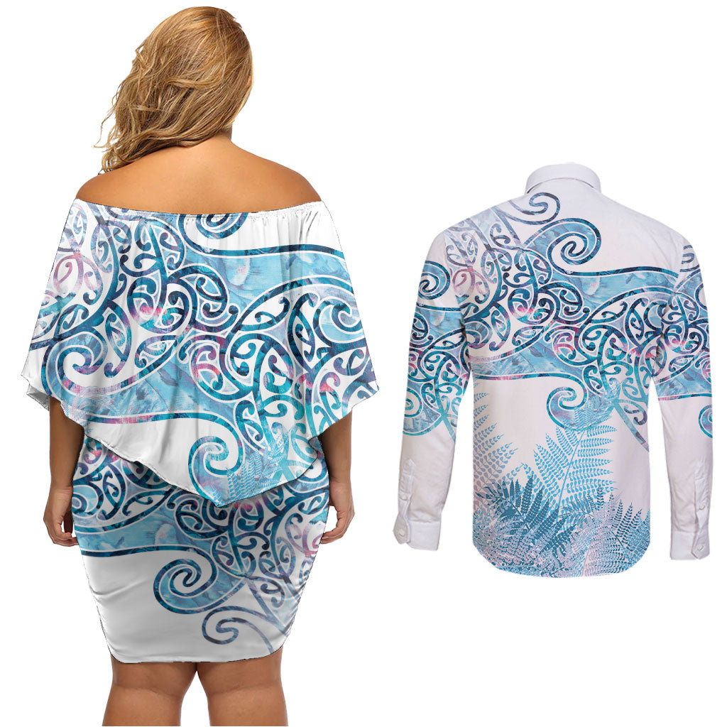 Aotearoa Maori Koru Curves Couples Matching Off Shoulder Short Dress and Long Sleeve Button Shirt Aqua Paua Shell LT7 - Polynesian Pride