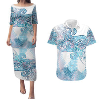 Aotearoa Maori Koru Curves Couples Matching Puletasi and Hawaiian Shirt Aqua Paua Shell LT7 Blue - Polynesian Pride