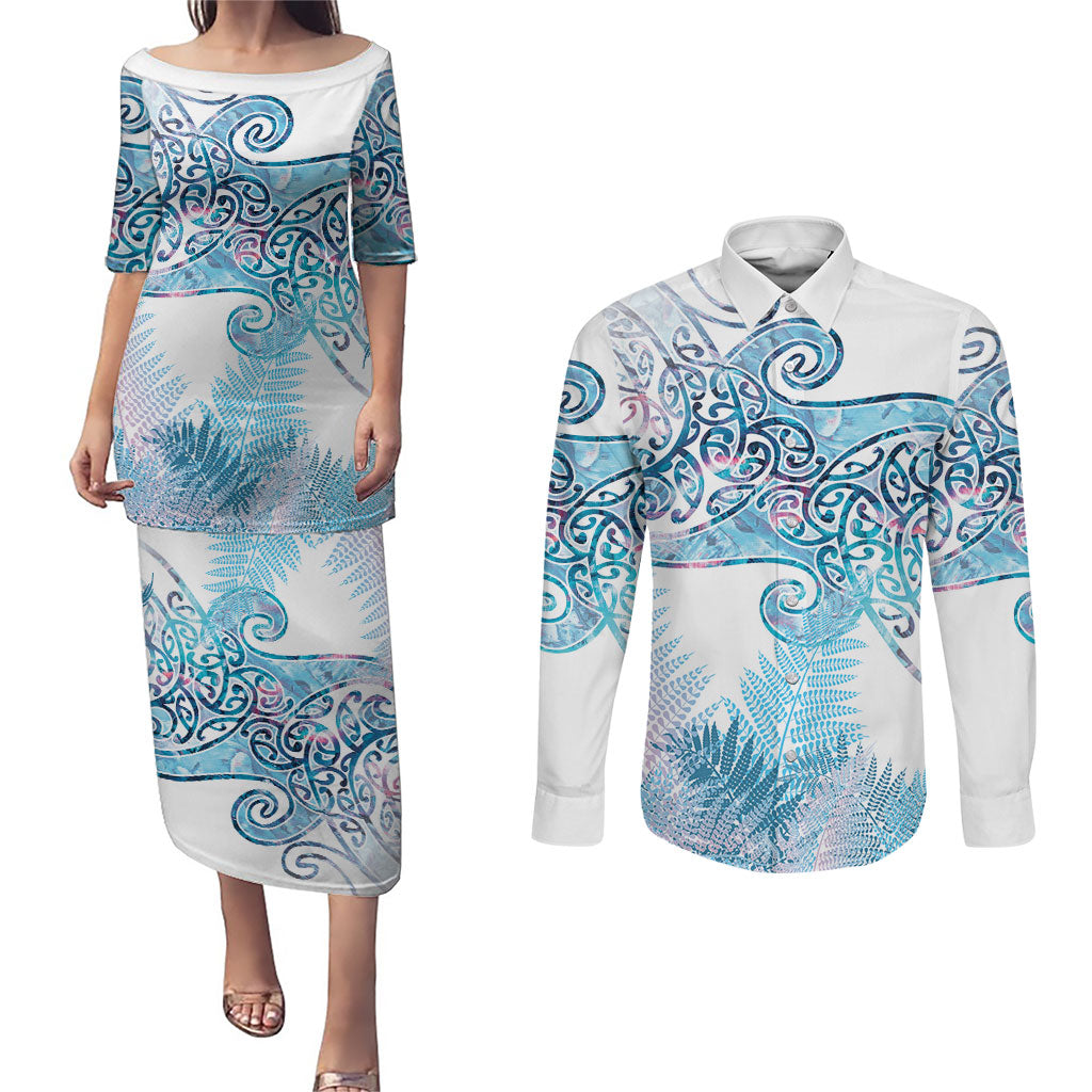 Aotearoa Maori Koru Curves Couples Matching Puletasi and Long Sleeve Button Shirt Aqua Paua Shell LT7 Blue - Polynesian Pride