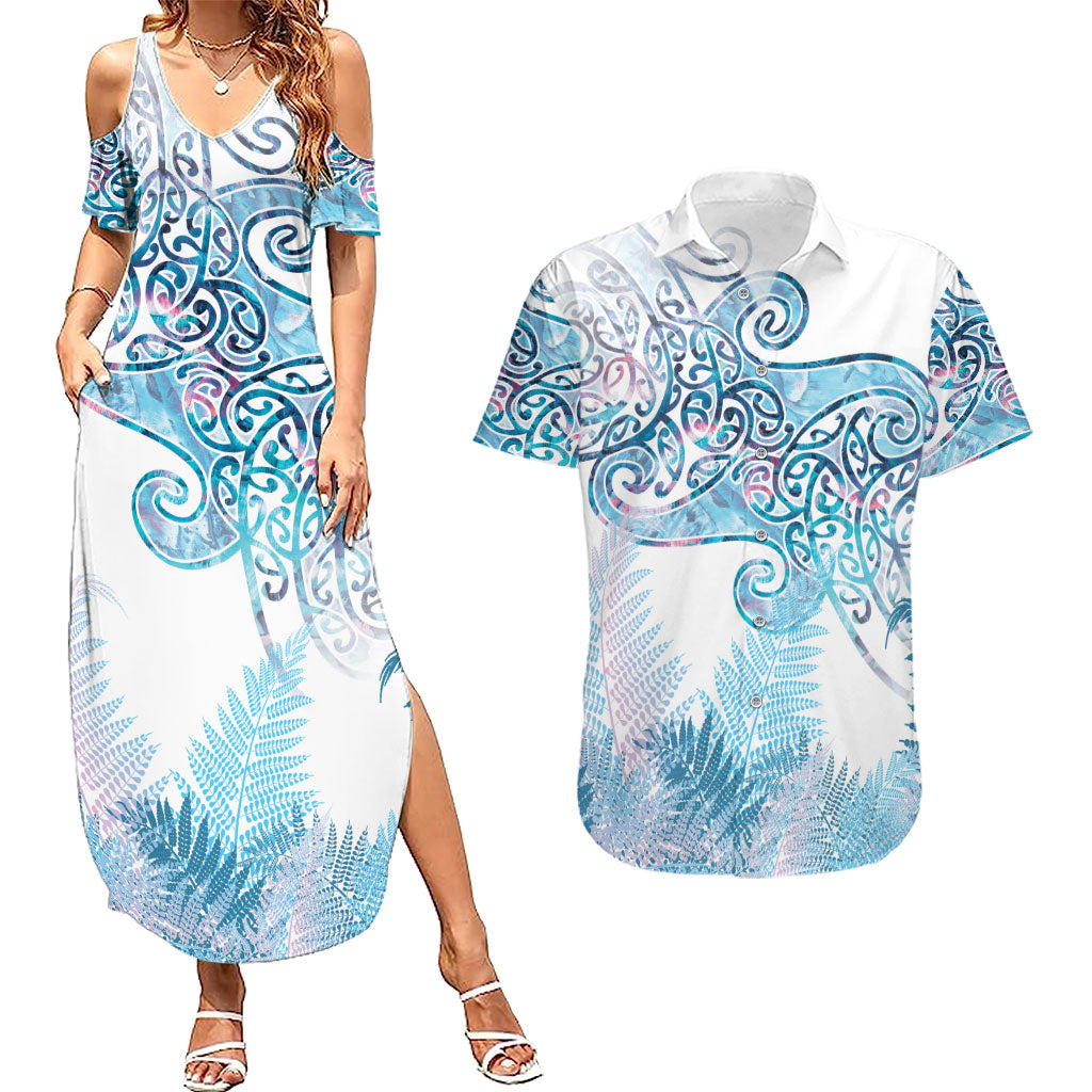 Aotearoa Maori Koru Curves Couples Matching Summer Maxi Dress and Hawaiian Shirt Aqua Paua Shell LT7 Blue - Polynesian Pride