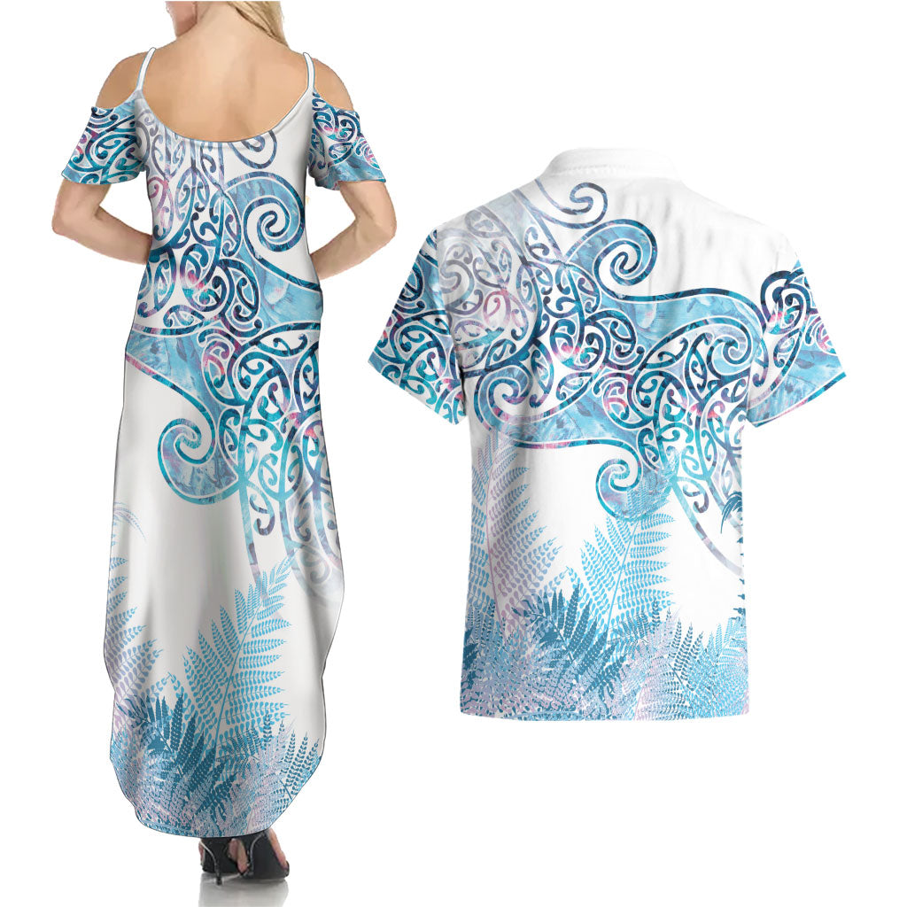 Aotearoa Maori Koru Curves Couples Matching Summer Maxi Dress and Hawaiian Shirt Aqua Paua Shell LT7 - Polynesian Pride