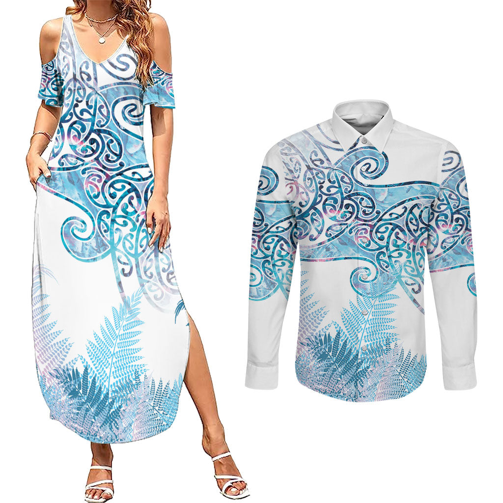 Aotearoa Maori Koru Curves Couples Matching Summer Maxi Dress and Long Sleeve Button Shirt Aqua Paua Shell LT7 Blue - Polynesian Pride