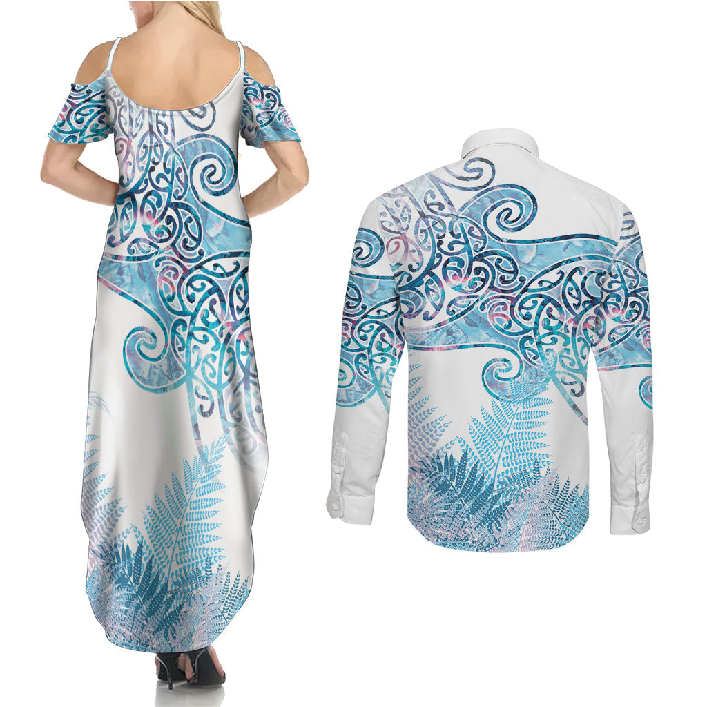 Aotearoa Maori Koru Curves Couples Matching Summer Maxi Dress and Long Sleeve Button Shirt Aqua Paua Shell
