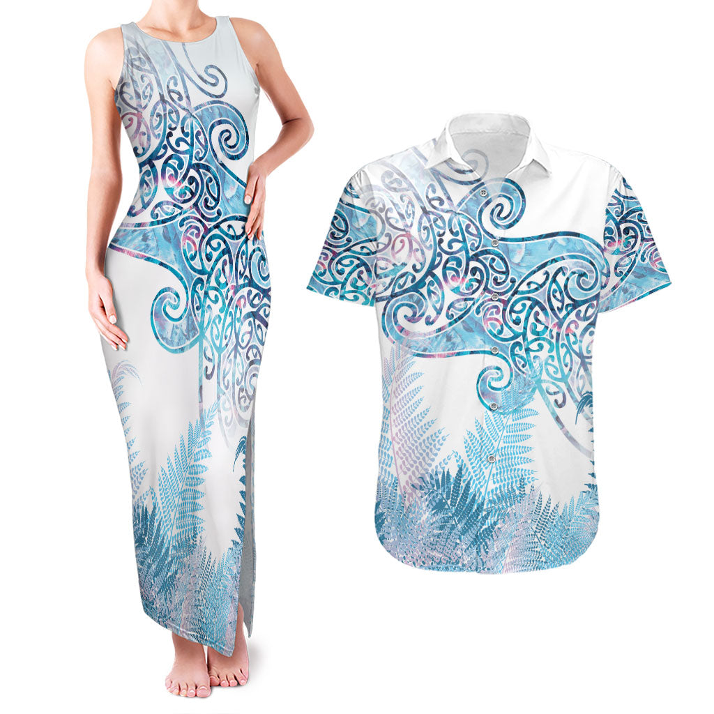 Aotearoa Maori Koru Curves Couples Matching Tank Maxi Dress and Hawaiian Shirt Aqua Paua Shell LT7 Blue - Polynesian Pride