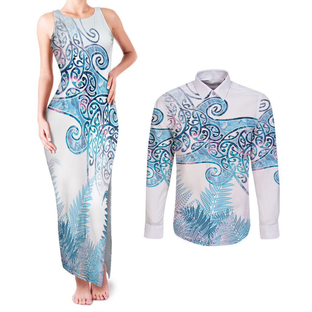 Aotearoa Maori Koru Curves Couples Matching Tank Maxi Dress and Long Sleeve Button Shirt Aqua Paua Shell LT7 Blue - Polynesian Pride