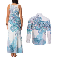 Aotearoa Maori Koru Curves Couples Matching Tank Maxi Dress and Long Sleeve Button Shirt Aqua Paua Shell LT7 - Polynesian Pride