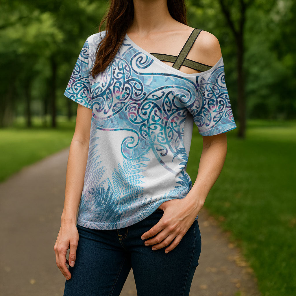Aotearoa Maori Koru Curves Cross Shoulder Shirt Aqua Paua Shell LT7 - Polynesian Pride