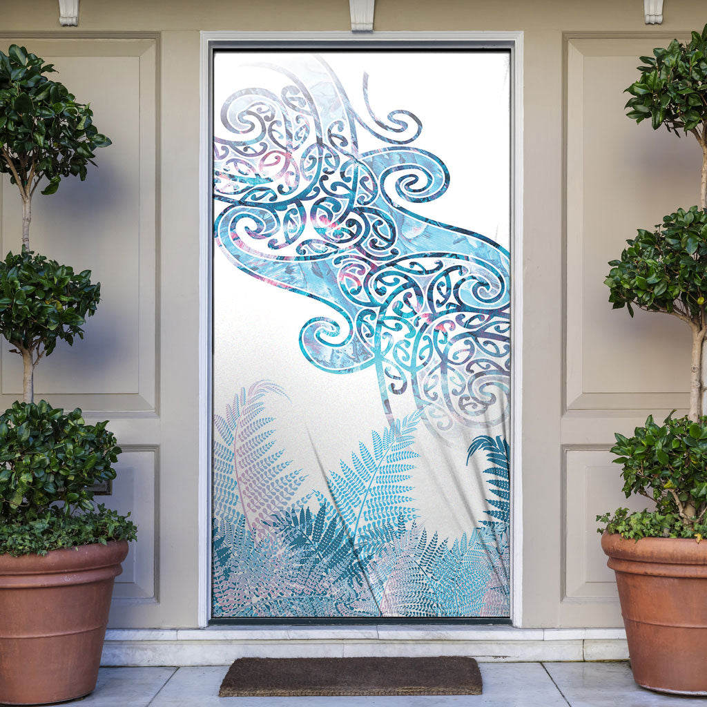 Aotearoa Maori Koru Curves Door Cover Aqua Paua Shell LT7 Blue - Polynesian Pride