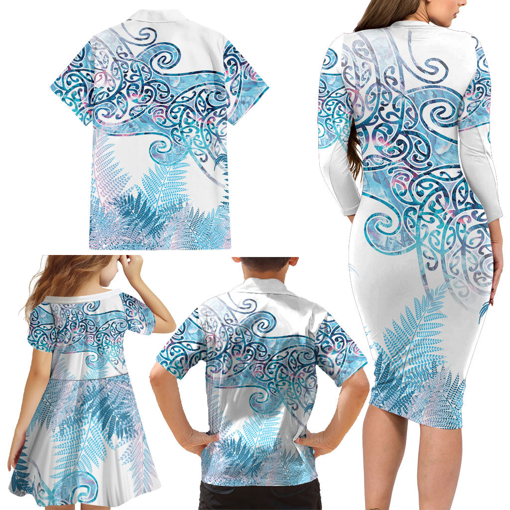 Aotearoa Maori Koru Curves Family Matching Long Sleeve Bodycon Dress and Hawaiian Shirt Aqua Paua Shell