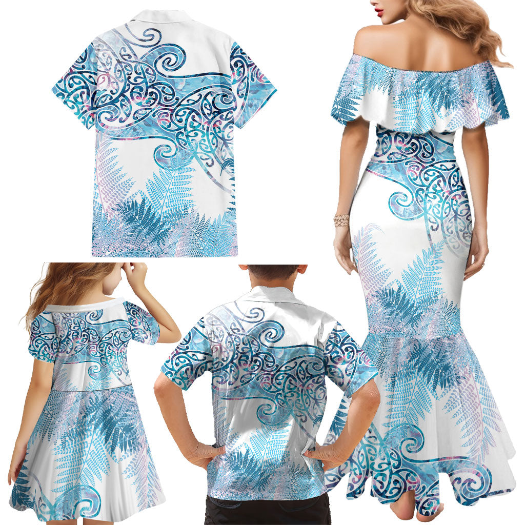 Aotearoa Maori Koru Curves Family Matching Mermaid Dress and Hawaiian Shirt Aqua Paua Shell