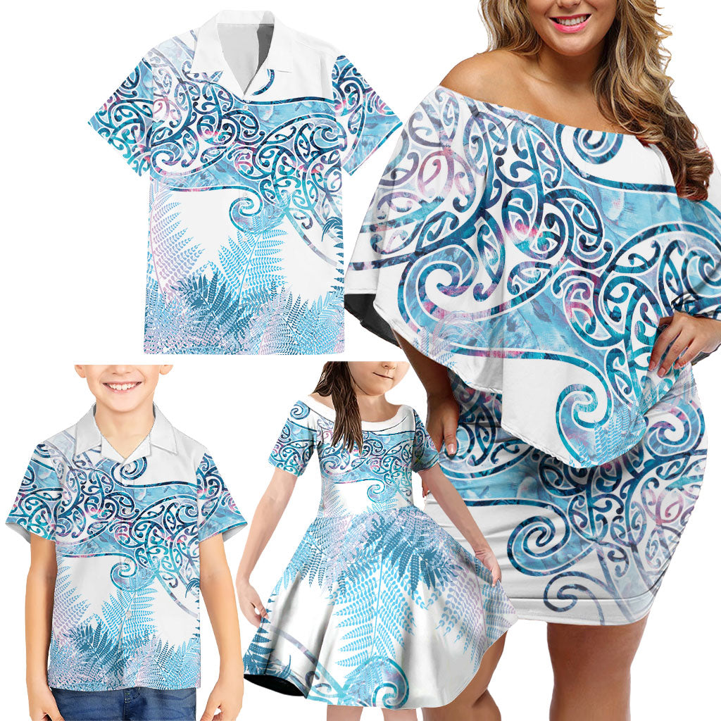 Aotearoa Maori Koru Curves Family Matching Off Shoulder Short Dress and Hawaiian Shirt Aqua Paua Shell