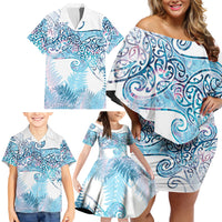 Aotearoa Maori Koru Curves Family Matching Off Shoulder Short Dress and Hawaiian Shirt Aqua Paua Shell