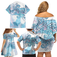Aotearoa Maori Koru Curves Family Matching Off Shoulder Short Dress and Hawaiian Shirt Aqua Paua Shell