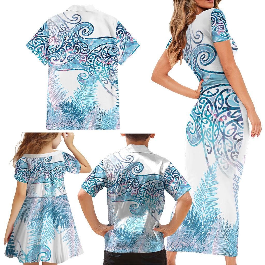 Aotearoa Maori Koru Curves Family Matching Short Sleeve Bodycon Dress and Hawaiian Shirt Aqua Paua Shell