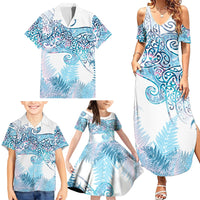Aotearoa Maori Koru Curves Family Matching Summer Maxi Dress and Hawaiian Shirt Aqua Paua Shell