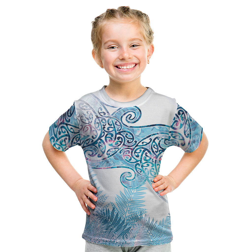Aotearoa Maori Koru Curves Kid T Shirt Aqua Paua Shell LT7 Blue - Polynesian Pride