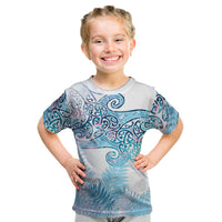 Aotearoa Maori Koru Curves Kid T Shirt Aqua Paua Shell LT7 Blue - Polynesian Pride
