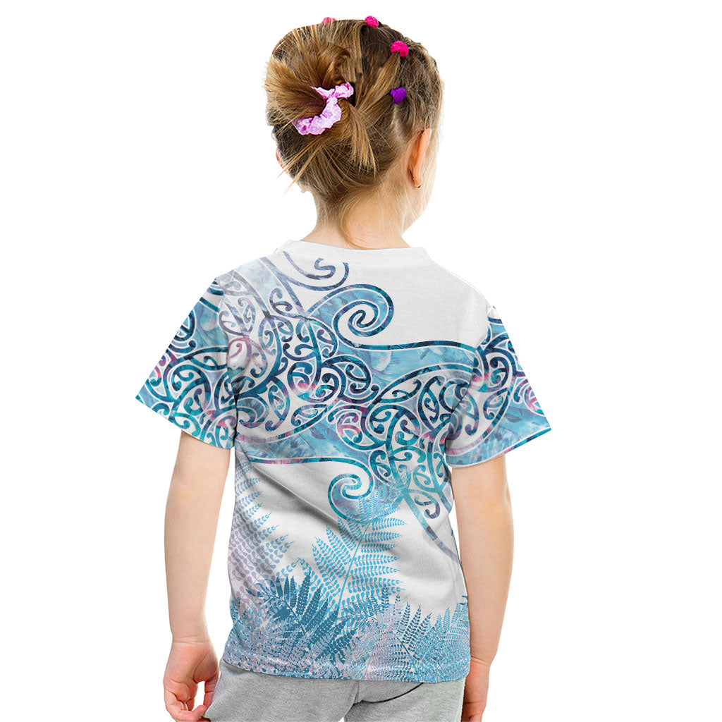 Aotearoa Maori Koru Curves Kid T Shirt Aqua Paua Shell LT7 - Polynesian Pride