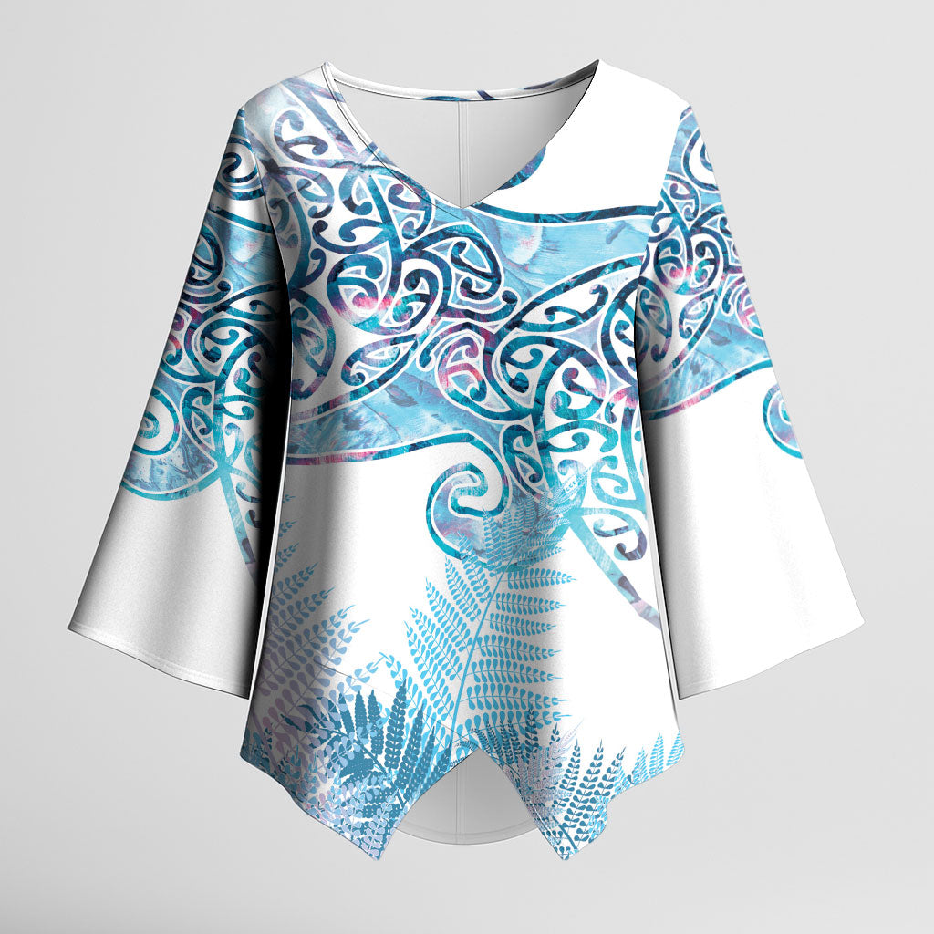 Aotearoa Maori Koru Curves Kimono Sleeve Blouse Aqua Paua Shell LT7 Female Blue - Polynesian Pride
