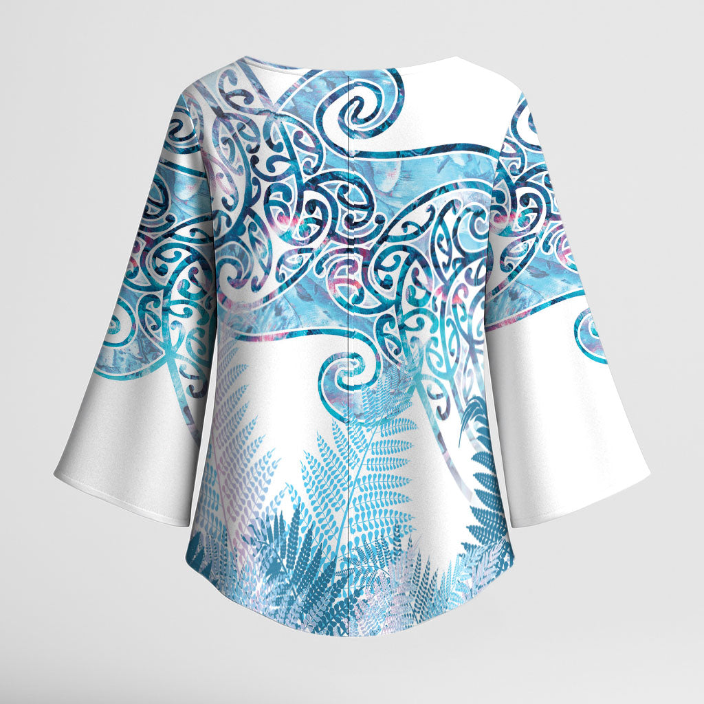 Aotearoa Maori Koru Curves Kimono Sleeve Blouse Aqua Paua Shell LT7 - Polynesian Pride