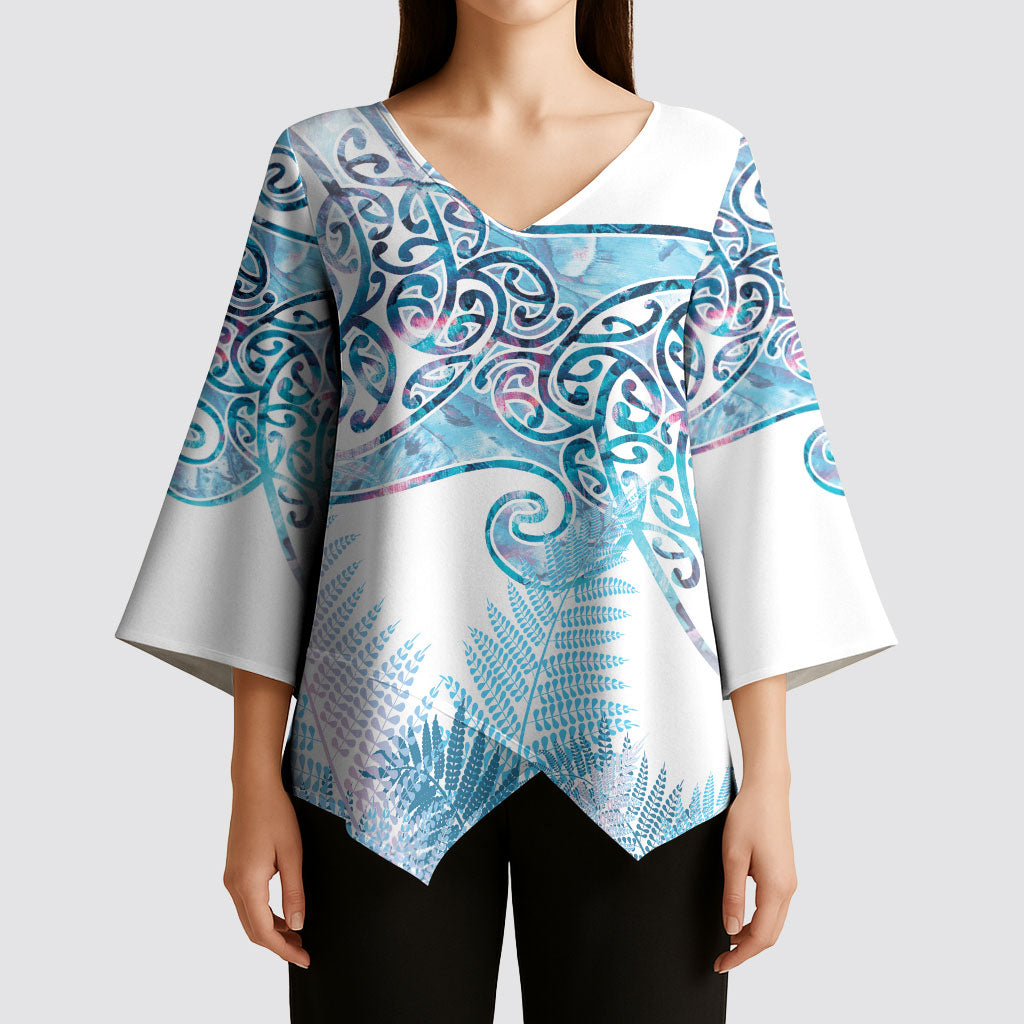 Aotearoa Maori Koru Curves Kimono Sleeve Blouse Aqua Paua Shell LT7 - Polynesian Pride