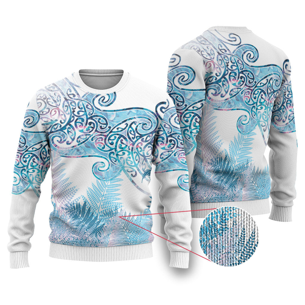 Aotearoa Maori Koru Curves Ugly Christmas Sweater Aqua Paua Shell LT7 Blue - Polynesian Pride