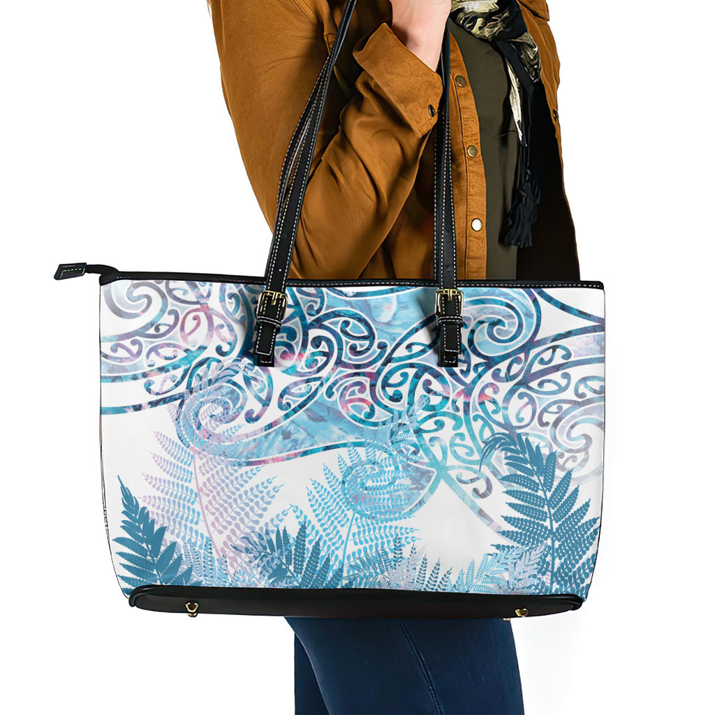 Aotearoa Maori Koru Curves Leather Tote Bag Aqua Paua Shell LT7 - Polynesian Pride
