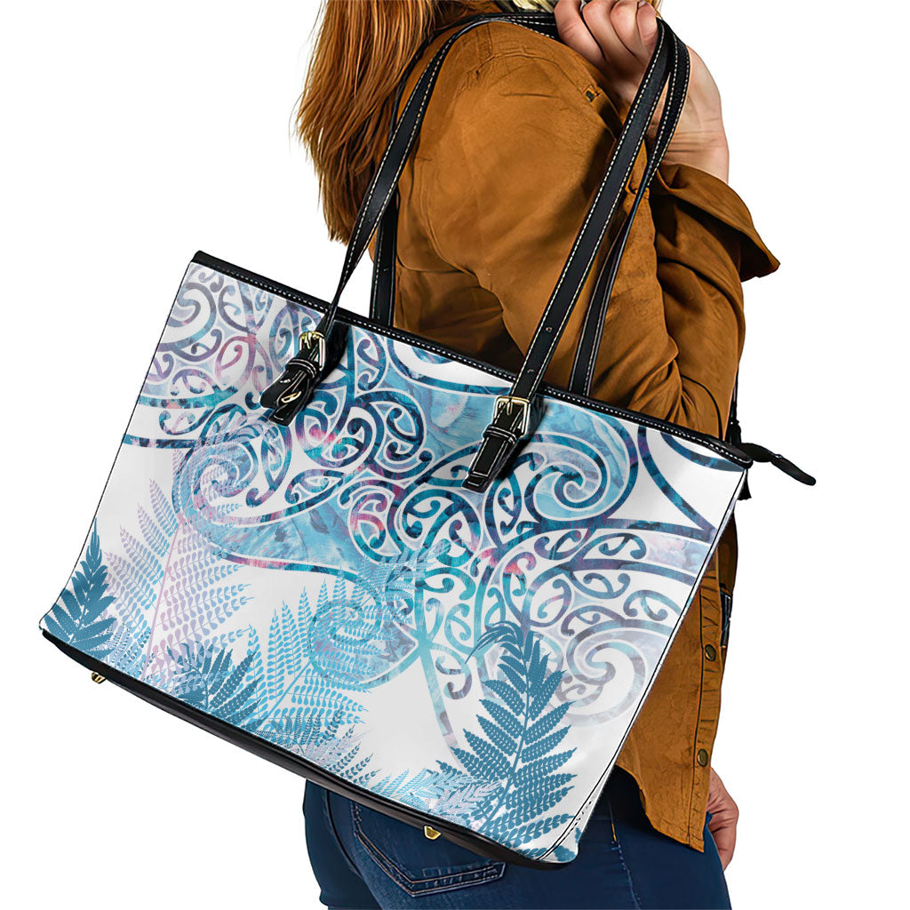 Aotearoa Maori Koru Curves Leather Tote Bag Aqua Paua Shell LT7 - Polynesian Pride